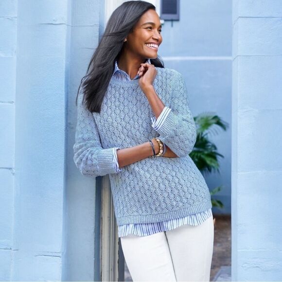 Talbots Pointelle Blue White Cotton Acrylic Sweater M NWT $89 - Picture 2 of 8